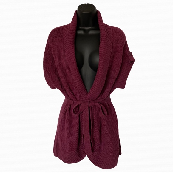 Burgundy Short Sleeve Open Front Cardigan w/ Belt